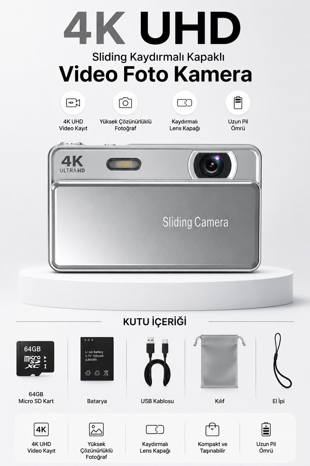 4K UHD Sliding Kamera – Kaydırmalı Lens Kapaklı Video Foto Kamera (Gümüş)