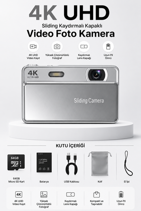 4K UHD Sliding Kamera – Kaydırmalı Lens Kapaklı Video Foto Kamera (Gümüş)