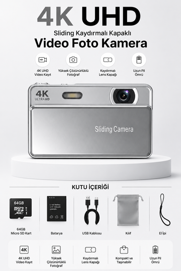 4K UHD Sliding Kamera – Kaydırmalı Lens Kapaklı Video Foto Kamera (Gümüş)