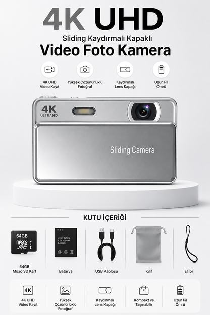 4K UHD Sliding Kamera – Kaydırmalı Lens Kapaklı Video Foto Kamera (Gümüş)