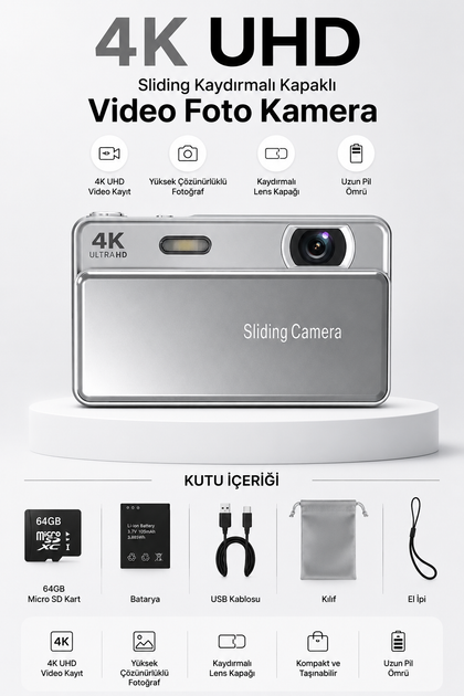 4K UHD Sliding Kamera – Kaydırmalı Lens Kapaklı Video Foto Kamera (Gümüş)