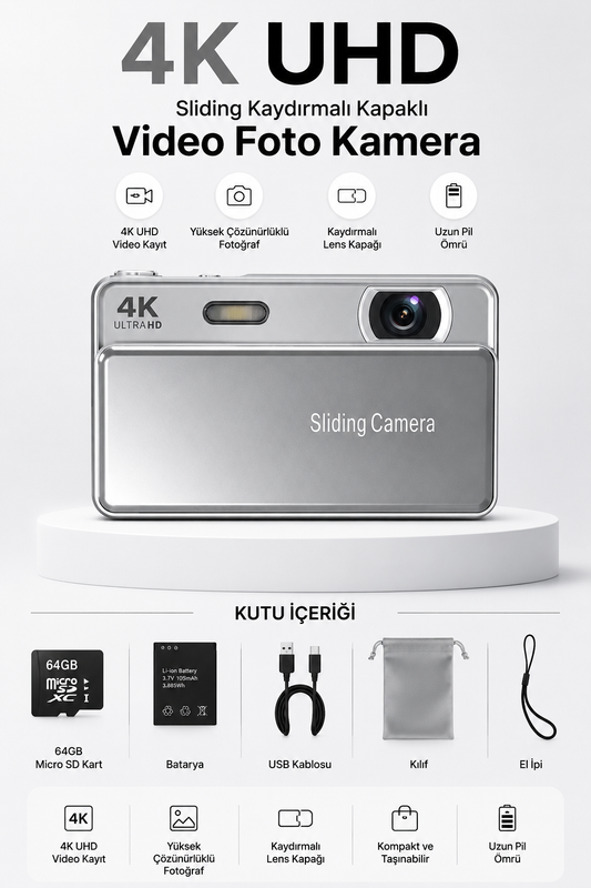 4K UHD Sliding Kamera – Kaydırmalı Lens Kapaklı Video Foto Kamera (Gümüş)