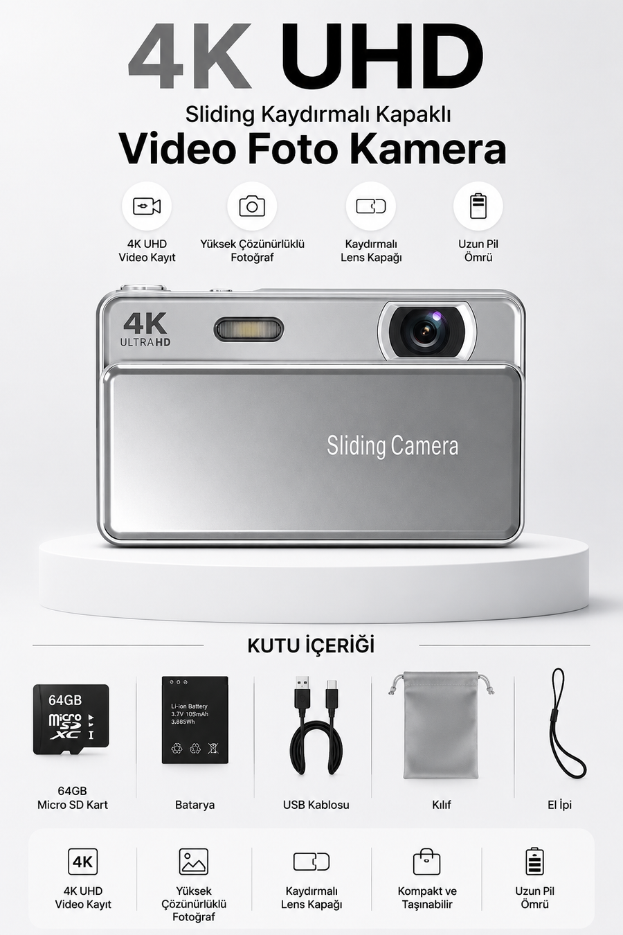 4K UHD Sliding Kamera – Kaydırmalı Lens Kapaklı Video Foto Kamera (Gümüş)