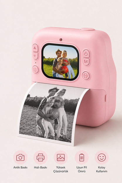 Çift Kameralı Mini Anlık Yazılıcı Printer Kamera (Pembe)