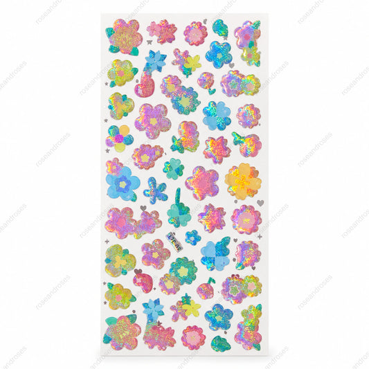 Holografik pastel çiçek desenli crystal sticker sayfası – ROSEANDROSES