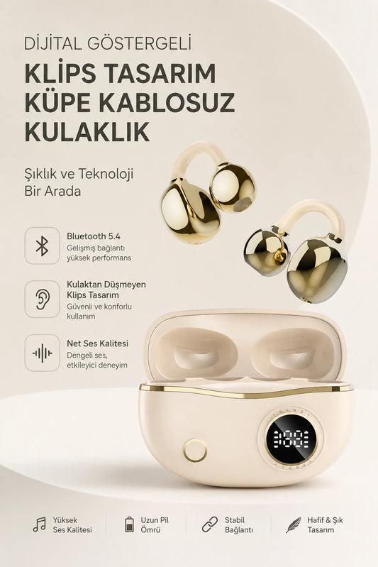 Dijital Göstergeli Klips Tasarım Küpe Kablosuz Kulaklık (Gold)