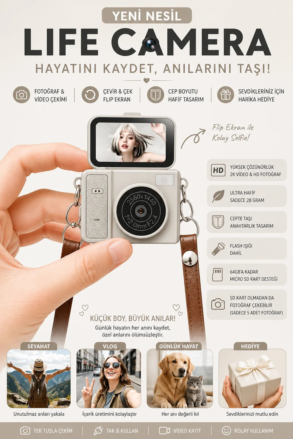 Mini Dijital Fotoğraf Makinesi Flip Life Video Foto Kamera 2K+48MP (Bej)