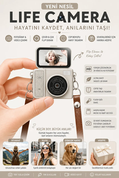 Mini Dijital Fotoğraf Makinesi Flip Life Video Foto Kamera 2K+48MP (Bej)