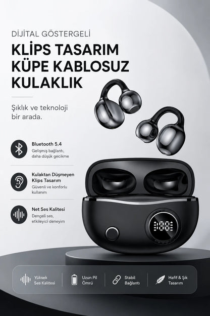 Dijital Göstergeli Klips Tasarım Küpe Kablosuz Kulaklık (Siyah)