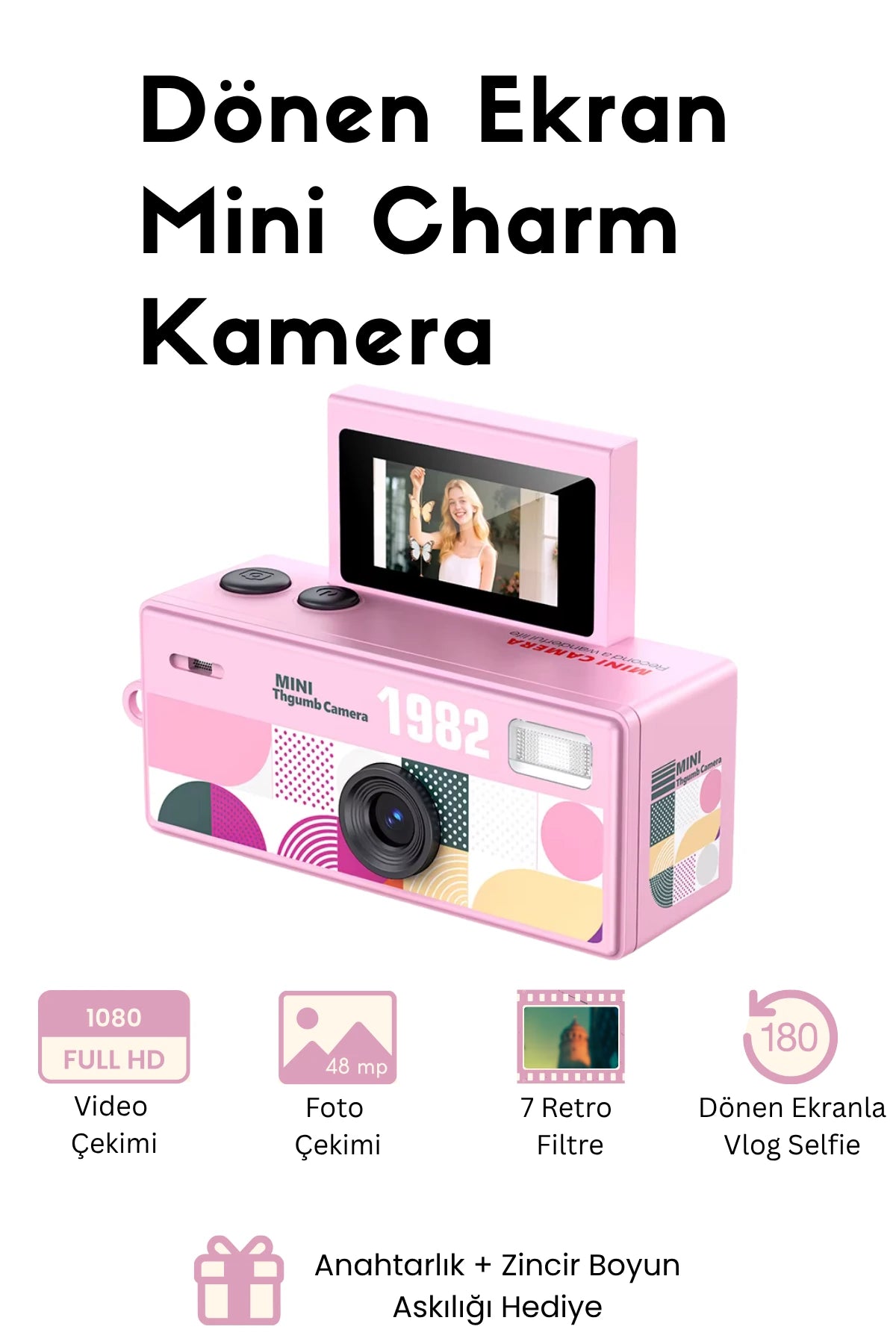 Mini Charm Kamera Dönen Ekran Flaşlı Selfie Video Vlog Kamerası 1080P+48MP (Pembe)