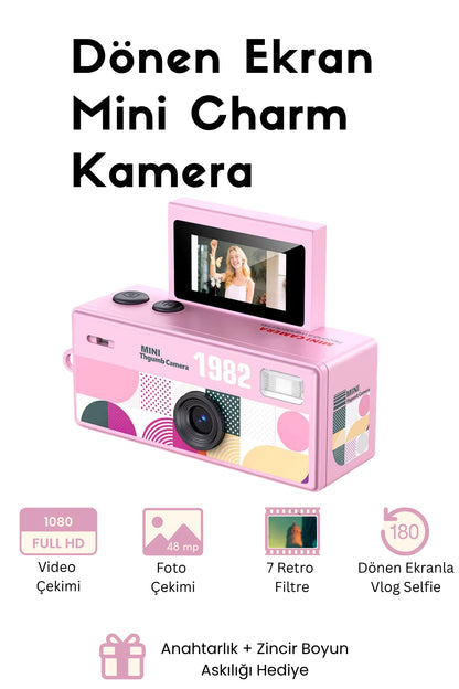 Mini Charm Kamera Dönen Ekran Flaşlı Selfie Video Vlog Kamerası 1080P+48MP (Pembe)