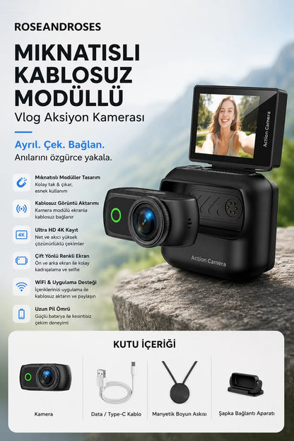 Geniş Açılı Mıknatıslı Kablosuz Modüllü Vlog Aksiyon Kamerası 4K+48MP (Pembe)