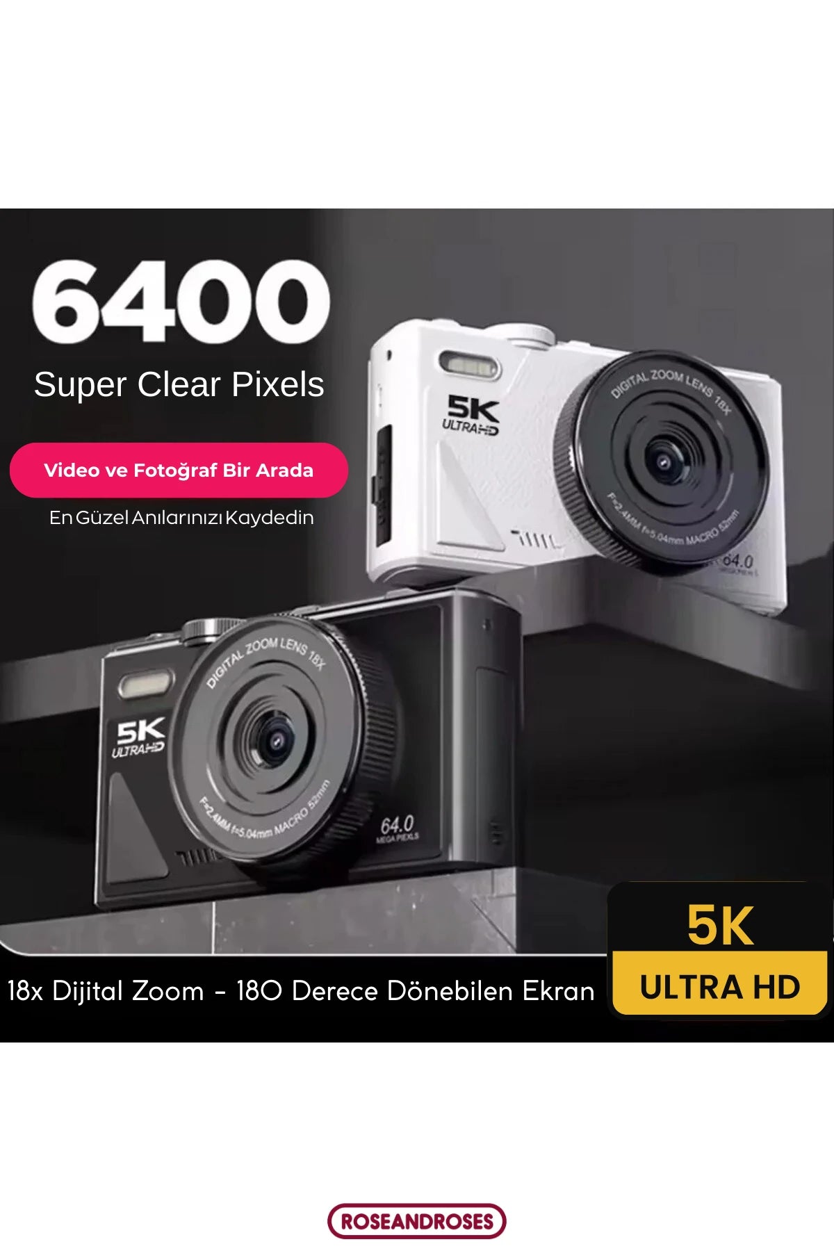 5K UHD 18x Zoom Dönen Ekran Video Foto Vlog Kamera (Siyah)
