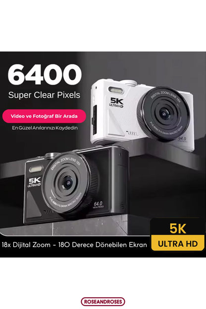 5K UHD 18x Zoom Dönen Ekran Video Foto Vlog Kamera (Siyah)