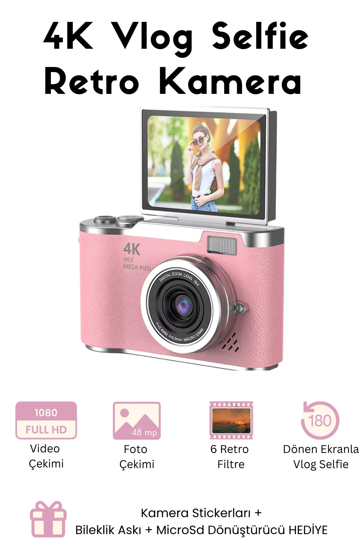 Sticker Hediyeli Retro Kamera Dönen Ekran Flaşlı Selfie Video Vlog Kamerası 4K+48MP (Pembe)