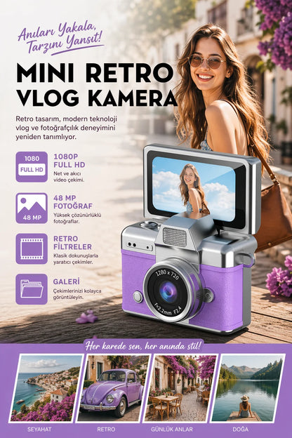 Mini Kamera Dönen Ekran Flaşlı Selfie Video Vlog Kamerası Anahtarlık 1080P+48MP (Mor)