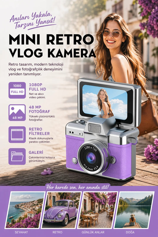 Mini Kamera Dönen Ekran Flaşlı Selfie Video Vlog Kamerası Anahtarlık 1080P+48MP (Mor)