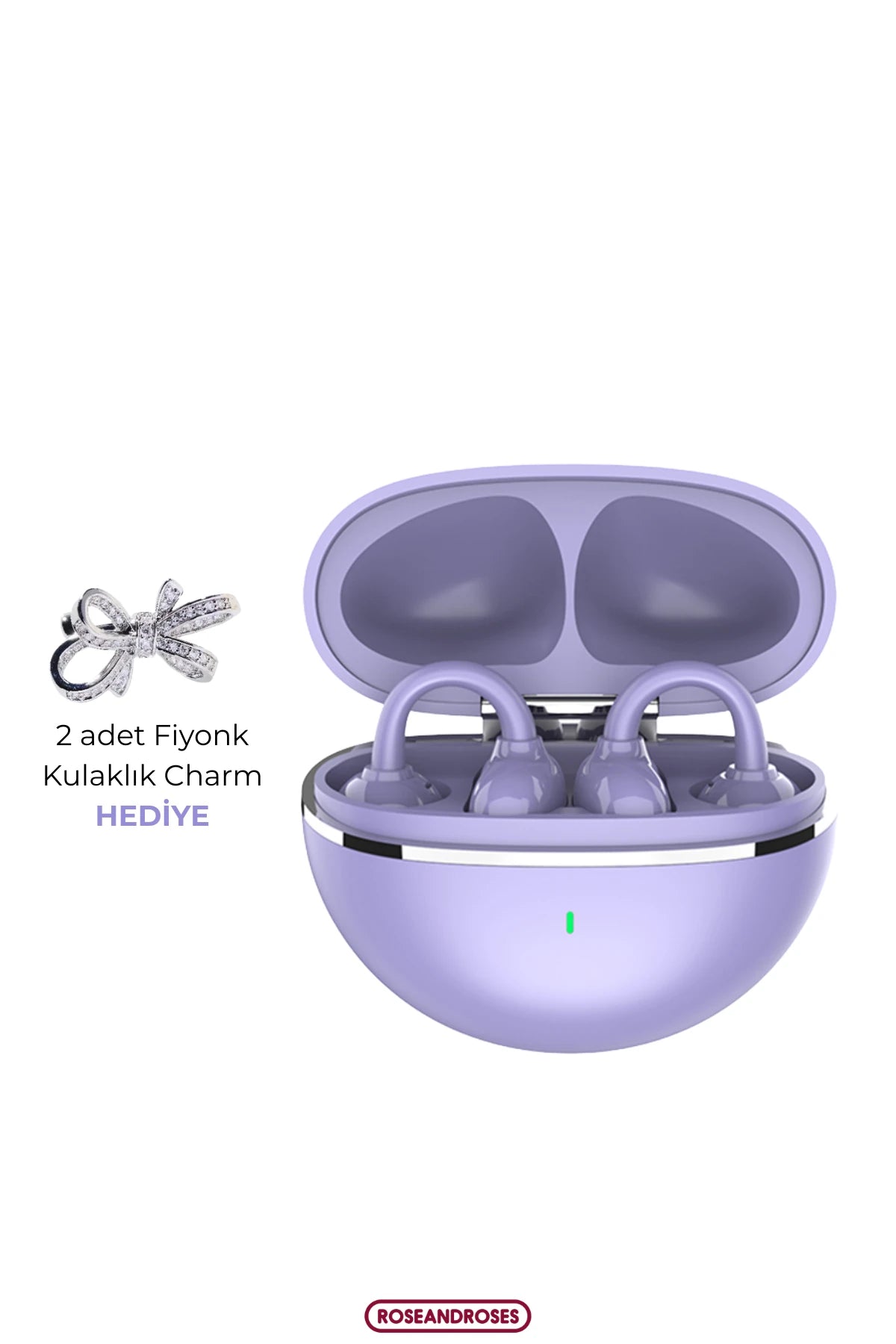 Fiyonk Charm Hediyeli Modern Klips Tasarımlı Kablosuz Kulaklık (Mor)