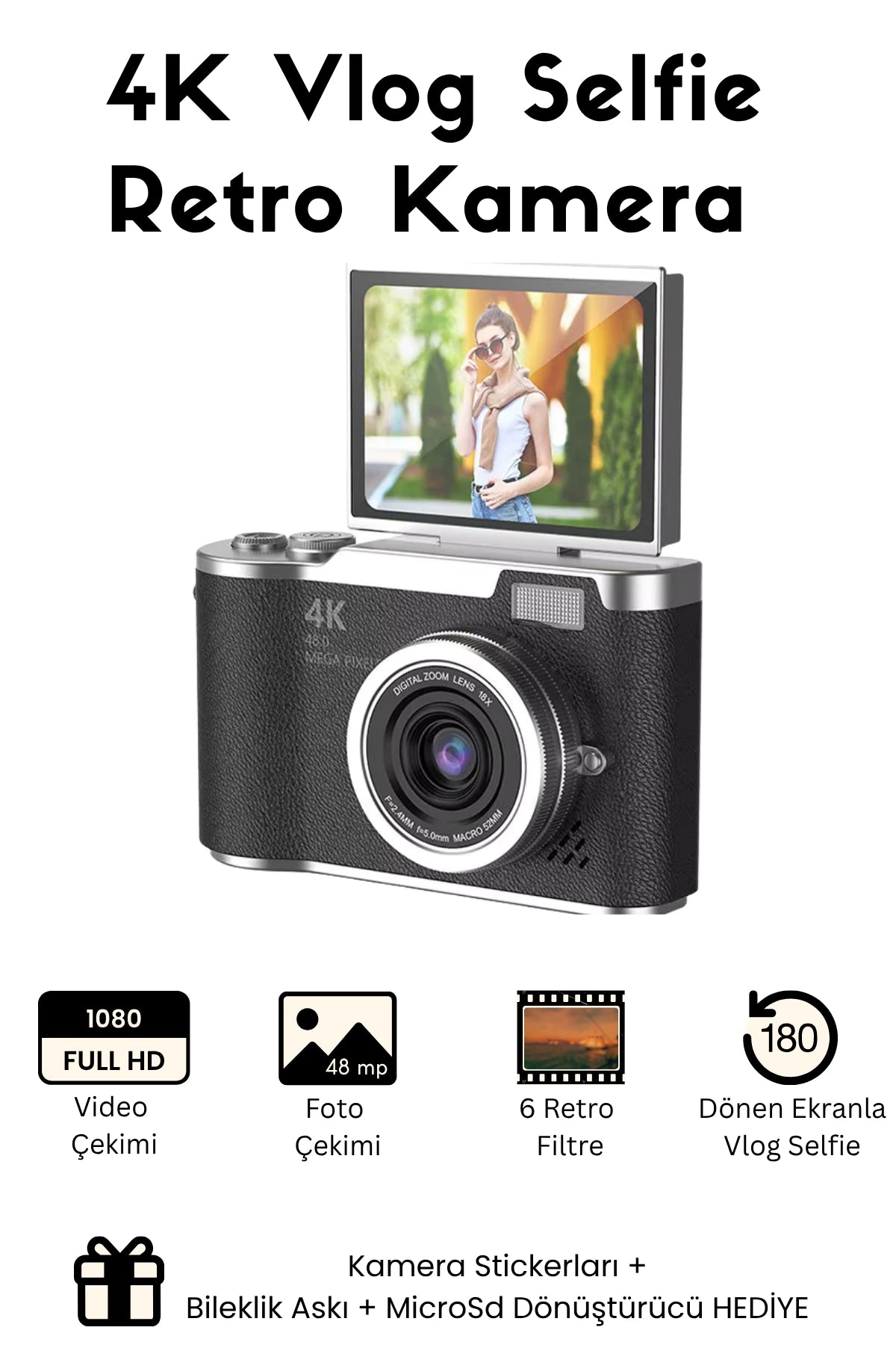 Sticker Hediyeli Retro Kamera Dönen Ekran Flaşlı Selfie Video Vlog Kamerası 4K+48MP (Siyah)
