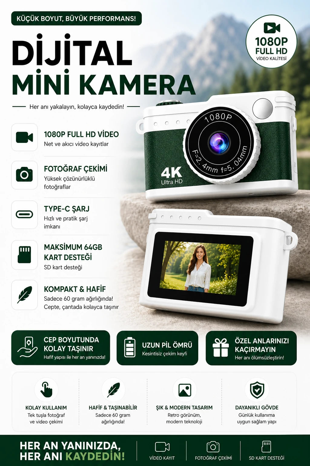 Dijital Mini Kamera 1080P (Yeşil)