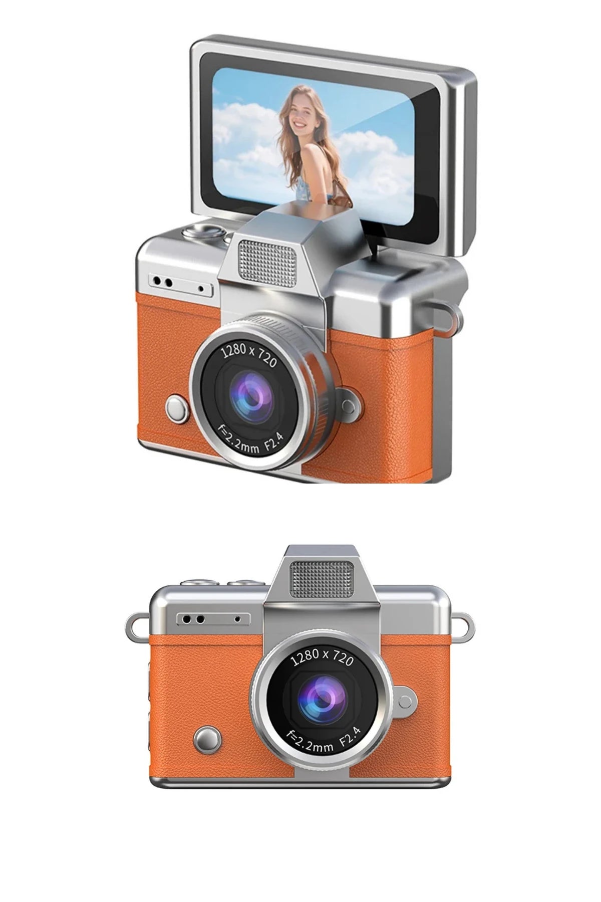 Mini Kamera Dönen Ekran Flaşlı Selfie Video Vlog Kamerası Anahtarlık 1080P+48MP (Turuncu)