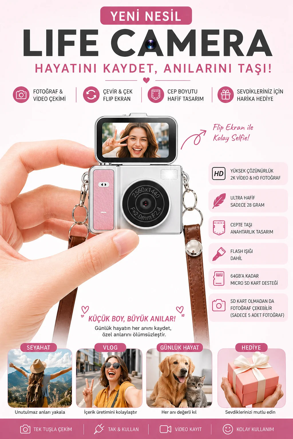 Mini Dijital Fotoğraf Makinesi Flip Life Video Foto Kamera 2K+48MP (Pembe)