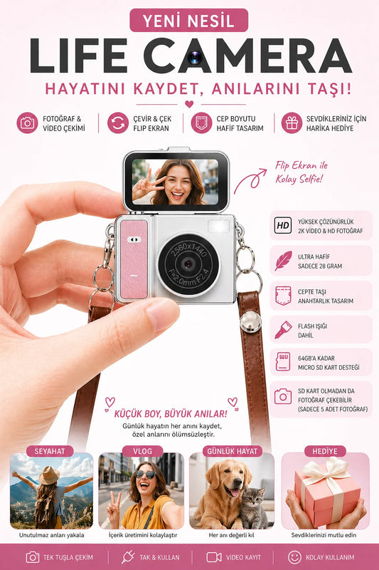 Mini Dijital Fotoğraf Makinesi Flip Life Video Foto Kamera 2K+48MP (Pembe)