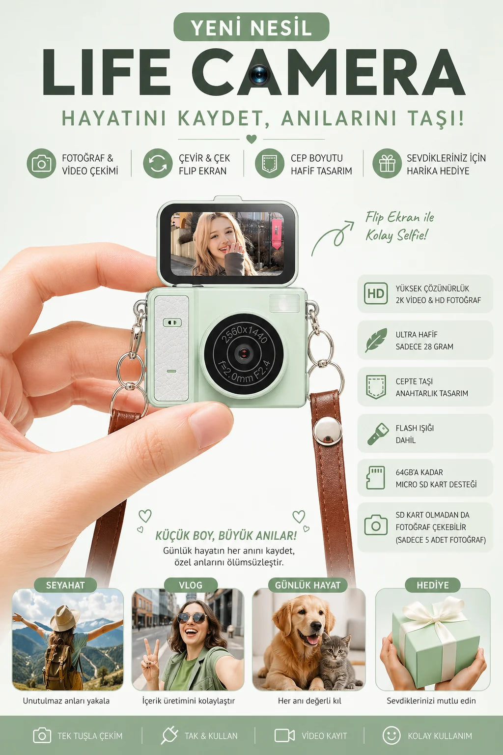 Mini Dijital Fotoğraf Makinesi Flip Life Video Foto Kamera 2K+48MP (Yeşil)