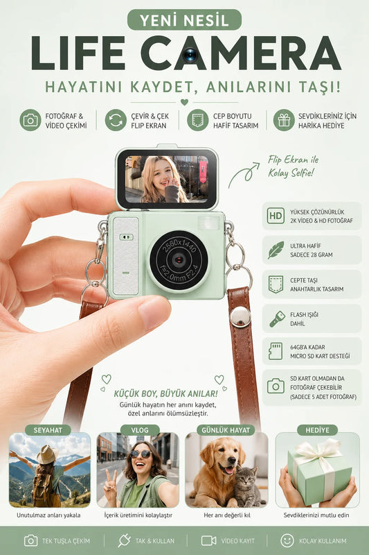 Mini Dijital Fotoğraf Makinesi Flip Life Video Foto Kamera 2K+48MP (Yeşil)
