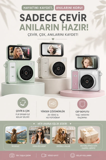 Mini Dijital Fotoğraf Makinesi Flip Life Video Foto Kamera 2K+48MP (Pembe)