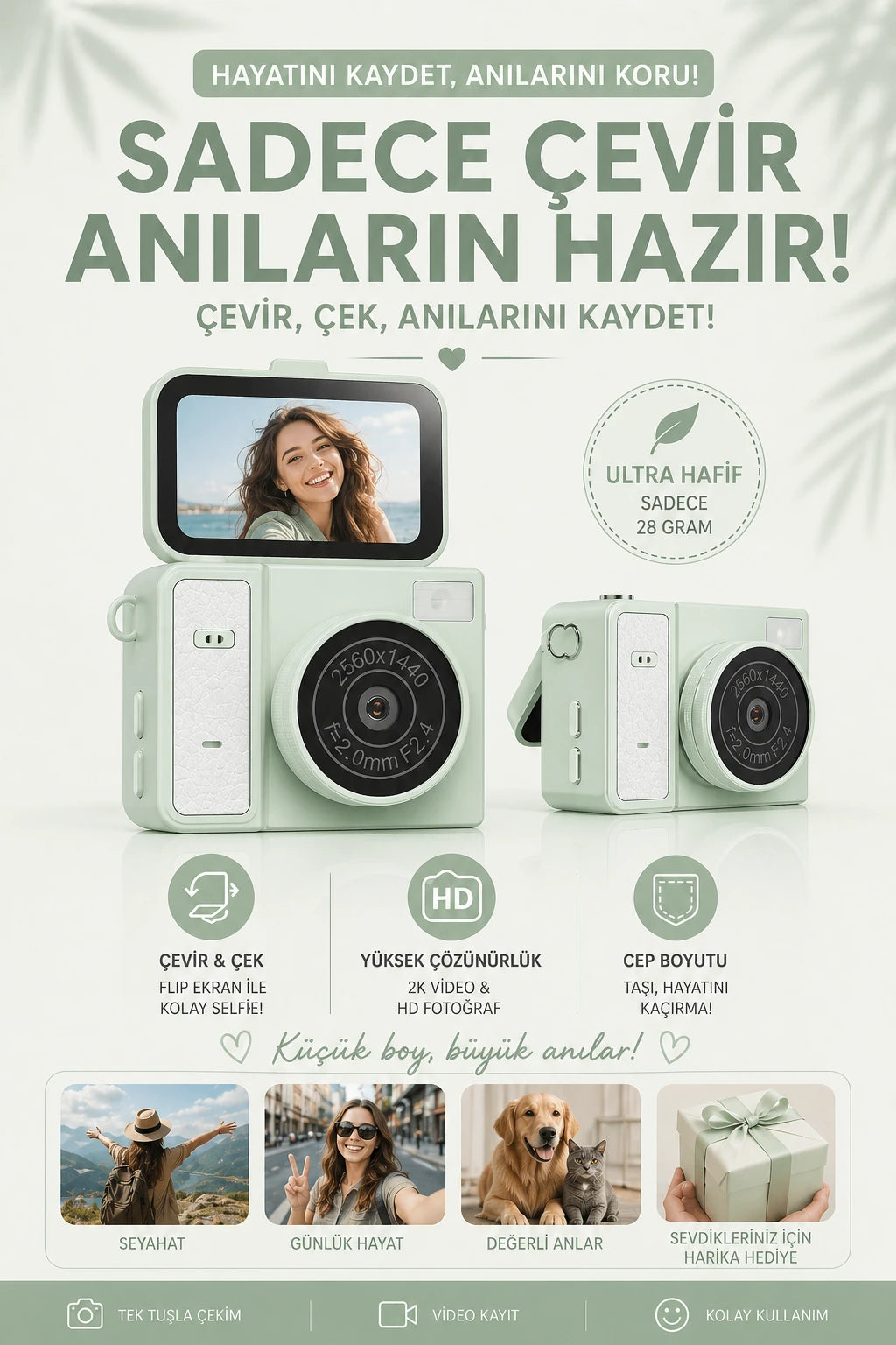 Mini Dijital Fotoğraf Makinesi Flip Life Video Foto Kamera 2K+48MP (Yeşil)