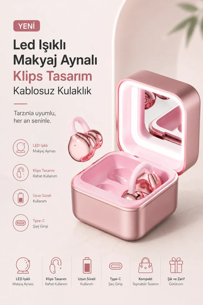 Led Işıklı Makyaj Aynalı Klips Tasarım Kablosuz Kulaklık (Pembe)