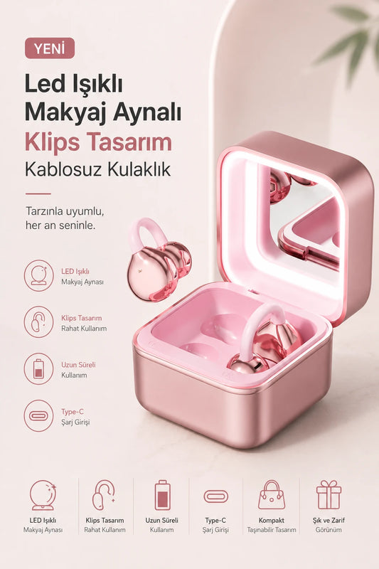 Led Işıklı Makyaj Aynalı Klips Tasarım Kablosuz Kulaklık (Pembe)