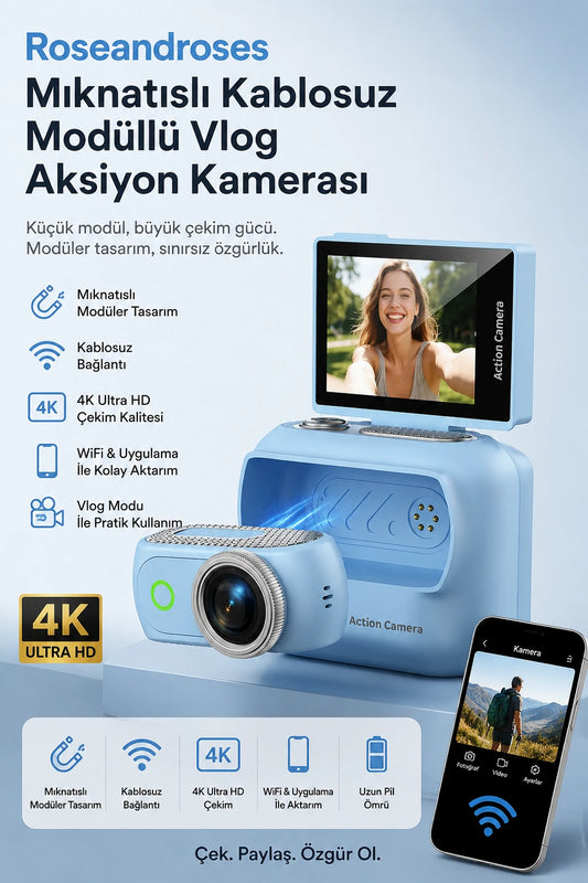 Geniş Açılı Mıknatıslı Kablosuz Modüllü Vlog Aksiyon Kamerası 4K+48MP (Bebe Mavisi)