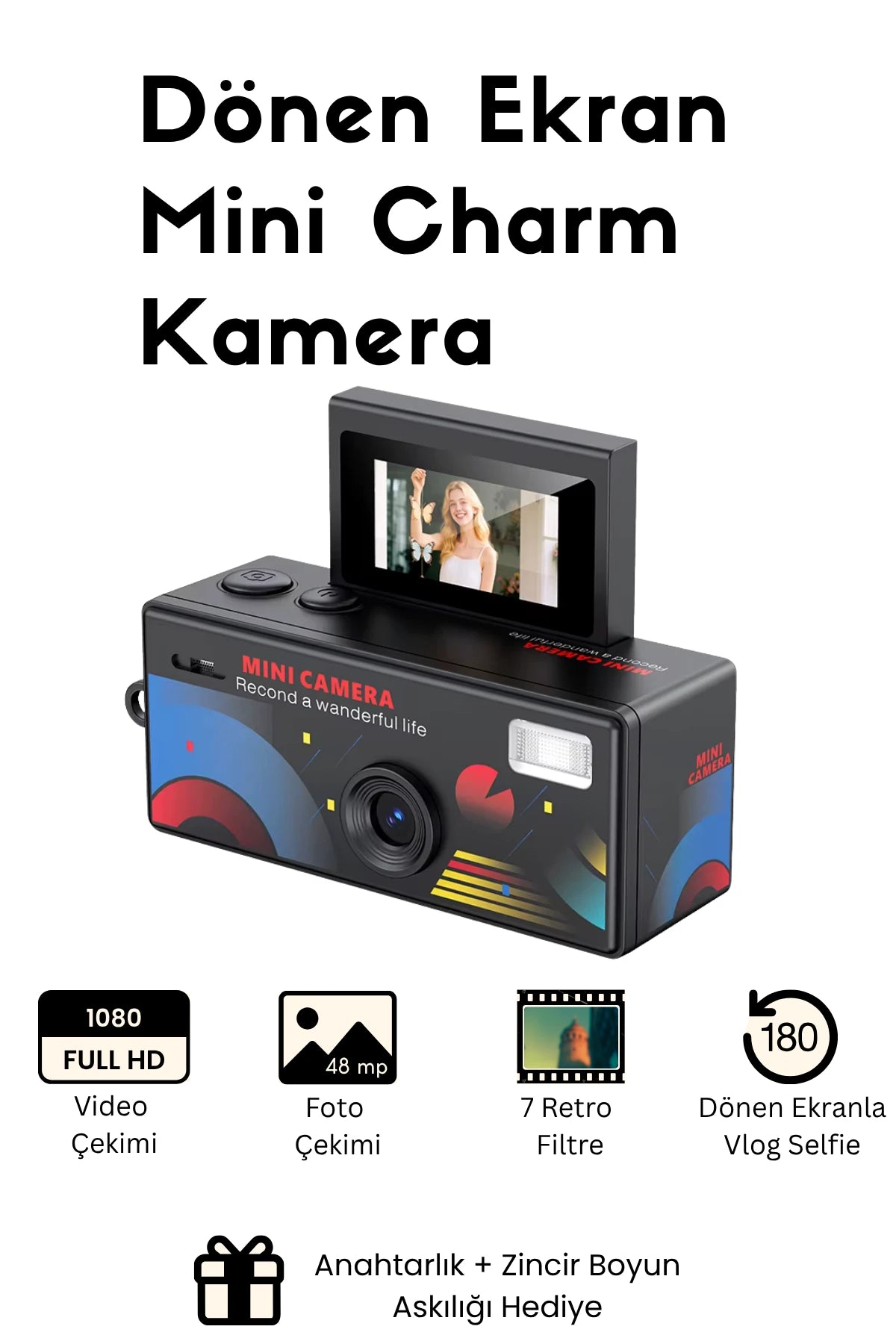 Mini Charm Kamera Dönen Ekran Flaşlı Selfie Video Vlog Kamerası 1080P+48MP (Siyah)