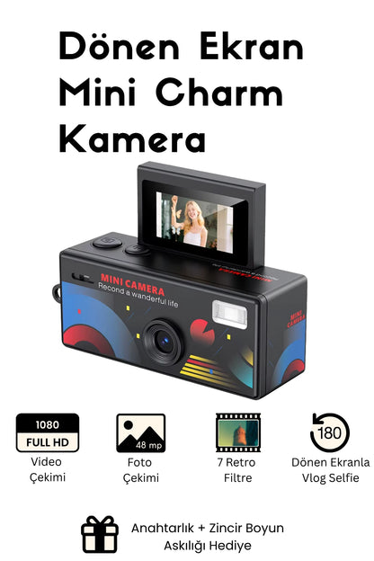 Mini Charm Kamera Dönen Ekran Flaşlı Selfie Video Vlog Kamerası 1080P+48MP (Siyah)