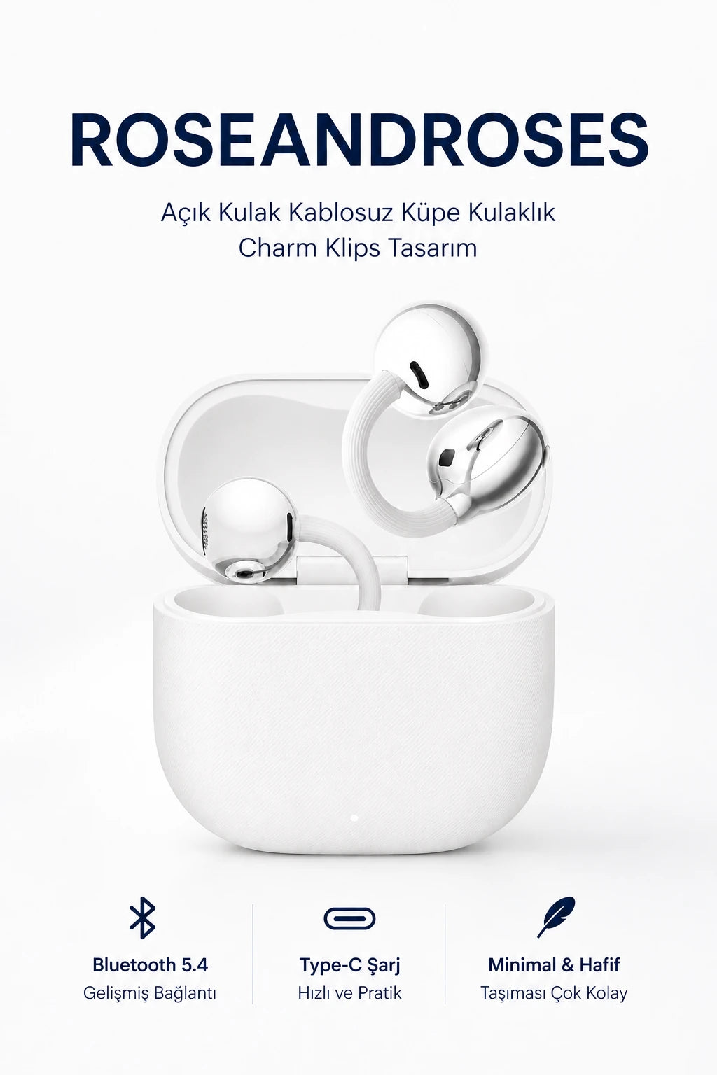Açık Kulak Kablosuz Küpe Kulaklık - Charm Klips Tasarım (Beyaz)