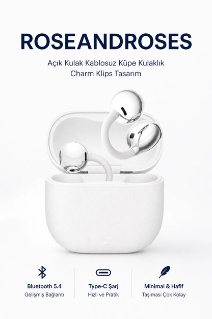 Açık Kulak Kablosuz Küpe Kulaklık - Charm Klips Tasarım (Beyaz)