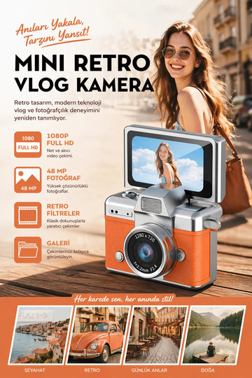 Mini Kamera Dönen Ekran Flaşlı Selfie Video Vlog Kamerası Anahtarlık 1080P+48MP (Turuncu)