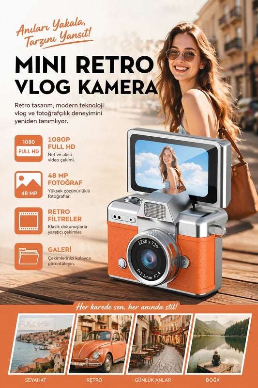 Mini Kamera Dönen Ekran Flaşlı Selfie Video Vlog Kamerası Anahtarlık 1080P+48MP (Turuncu)