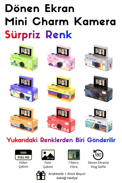 Mini Charm Kamera Dönen Ekran Flaşlı Selfie Video Vlog Kamerası 1080P+48MP (Sürpriz Renk)