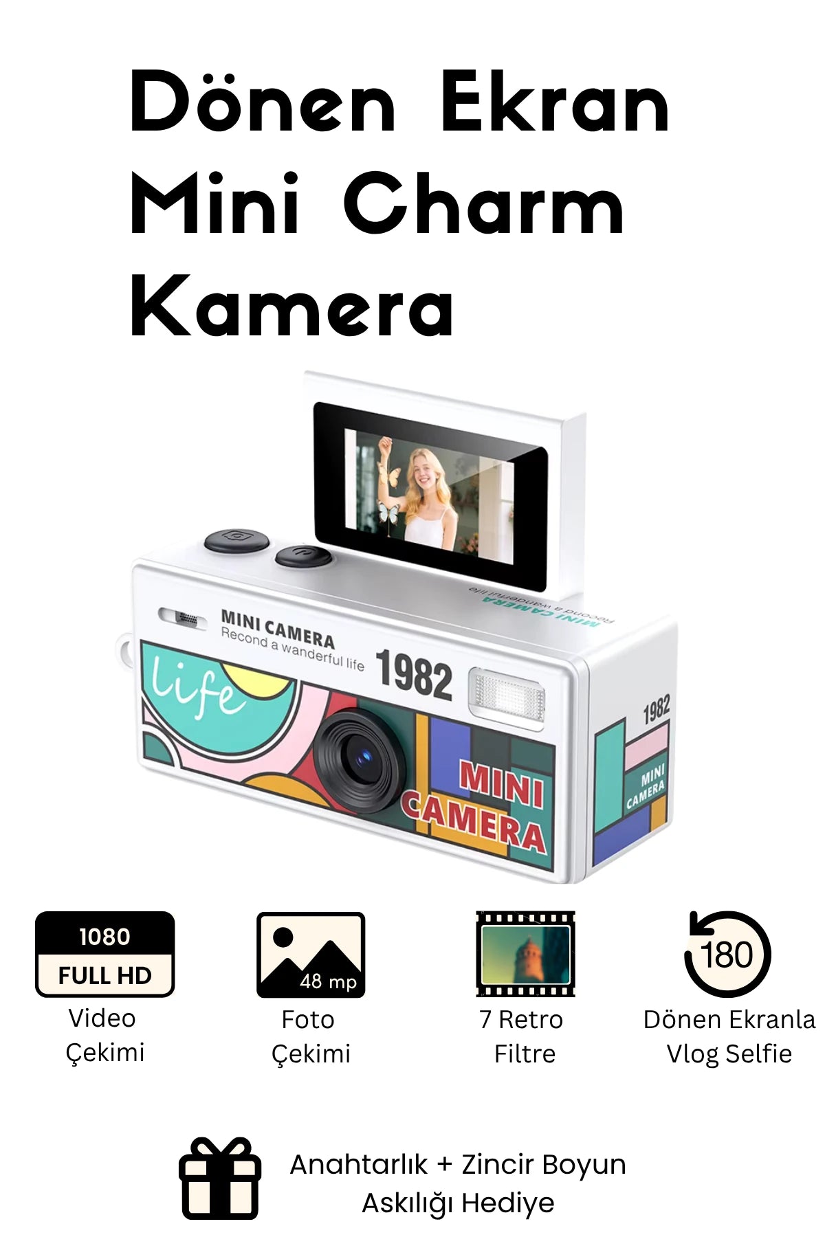 Mini Charm Kamera Dönen Ekran Flaşlı Selfie Video Vlog Kamerası 1080P+48MP (Beyaz)