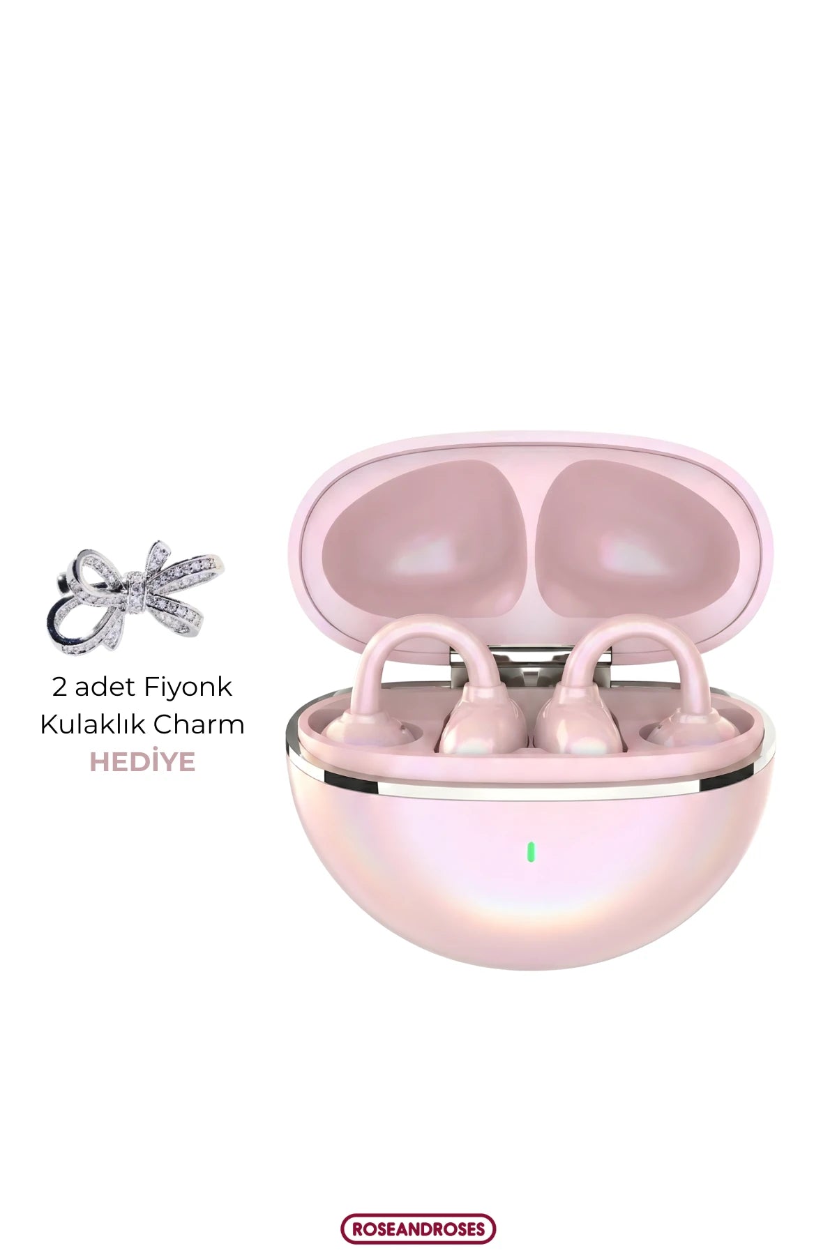 Fiyonk Charm Hediyeli Modern Klips Tasarımlı Kablosuz Kulaklık (Pembe)