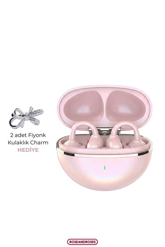 Fiyonk Charm Hediyeli Modern Klips Tasarımlı Kablosuz Kulaklık (Pembe)
