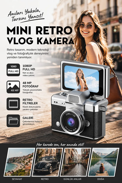 Mini Kamera Dönen Ekran Flaşlı Selfie Video Vlog Kamerası Anahtarlık 1080P+48MP (Siyah)