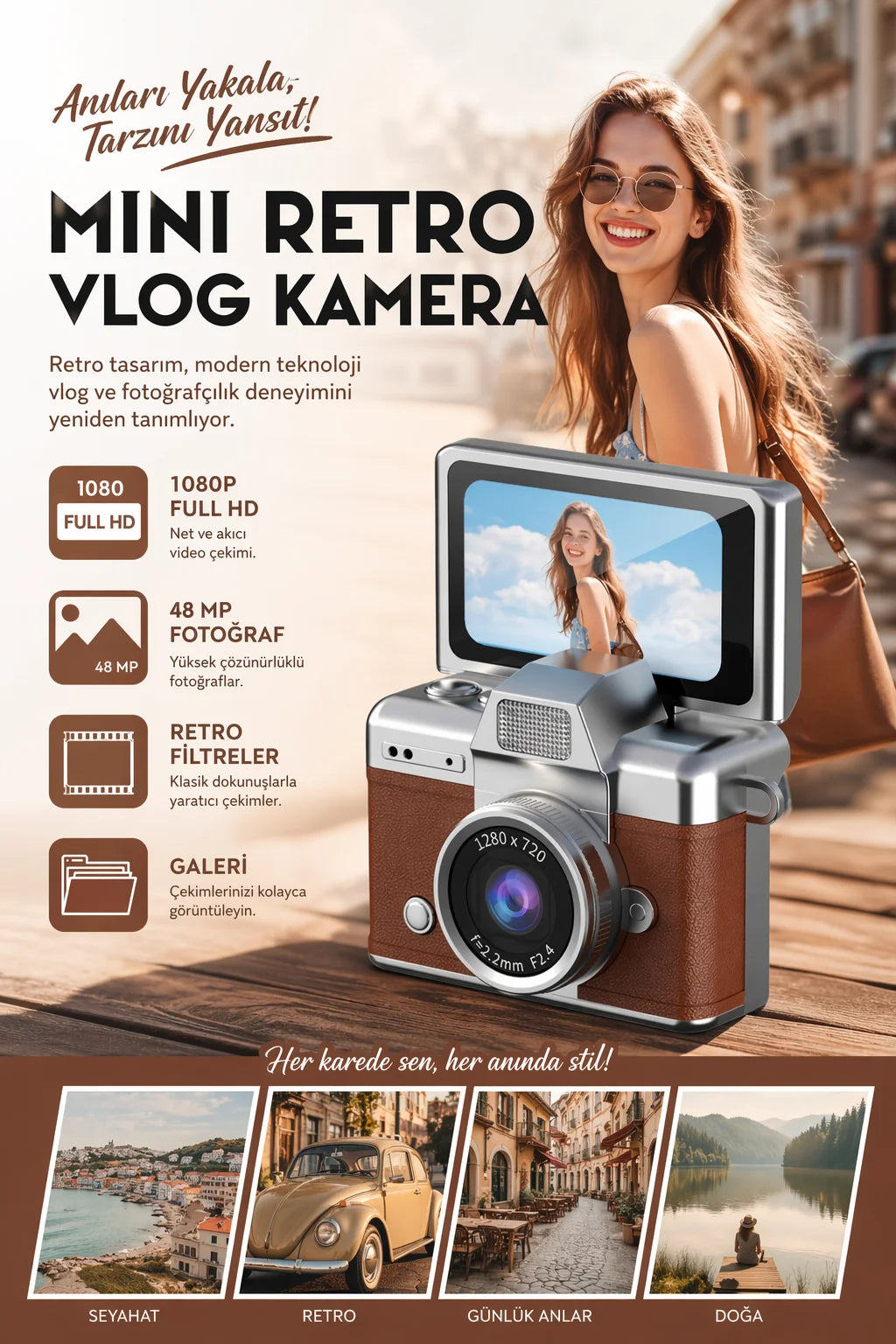 Mini Kamera Dönen Ekran Flaşlı Selfie Video Vlog Kamerası Anahtarlık 1080P+48MP (Kahverengi))