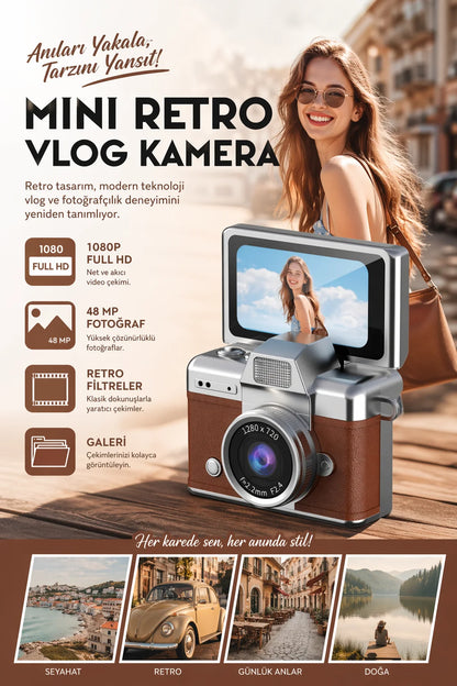 Mini Kamera Dönen Ekran Flaşlı Selfie Video Vlog Kamerası Anahtarlık 1080P+48MP (Kahverengi))
