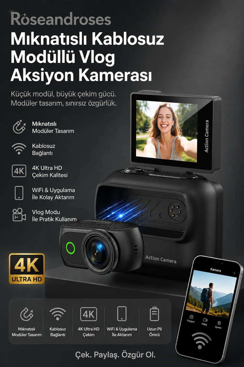 Geniş Açılı Mıknatıslı Kablosuz Modüllü Vlog Aksiyon Kamerası 4K+48MP (Siyah)