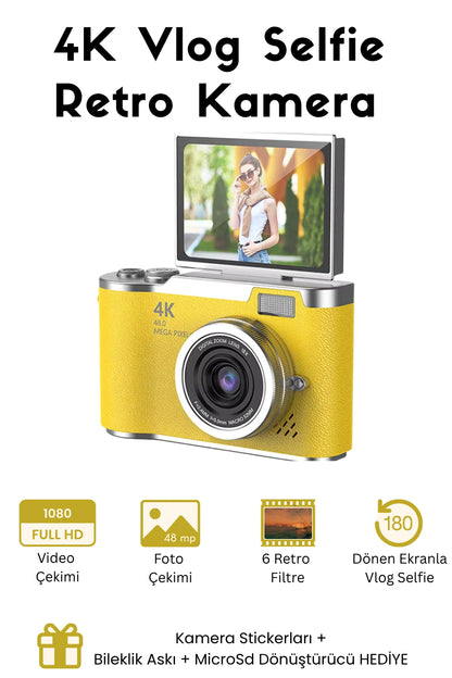 Sticker Hediyeli Retro Kamera Dönen Ekran Flaşlı Selfie Video Vlog Kamerası 4K+48MP (Sarı)