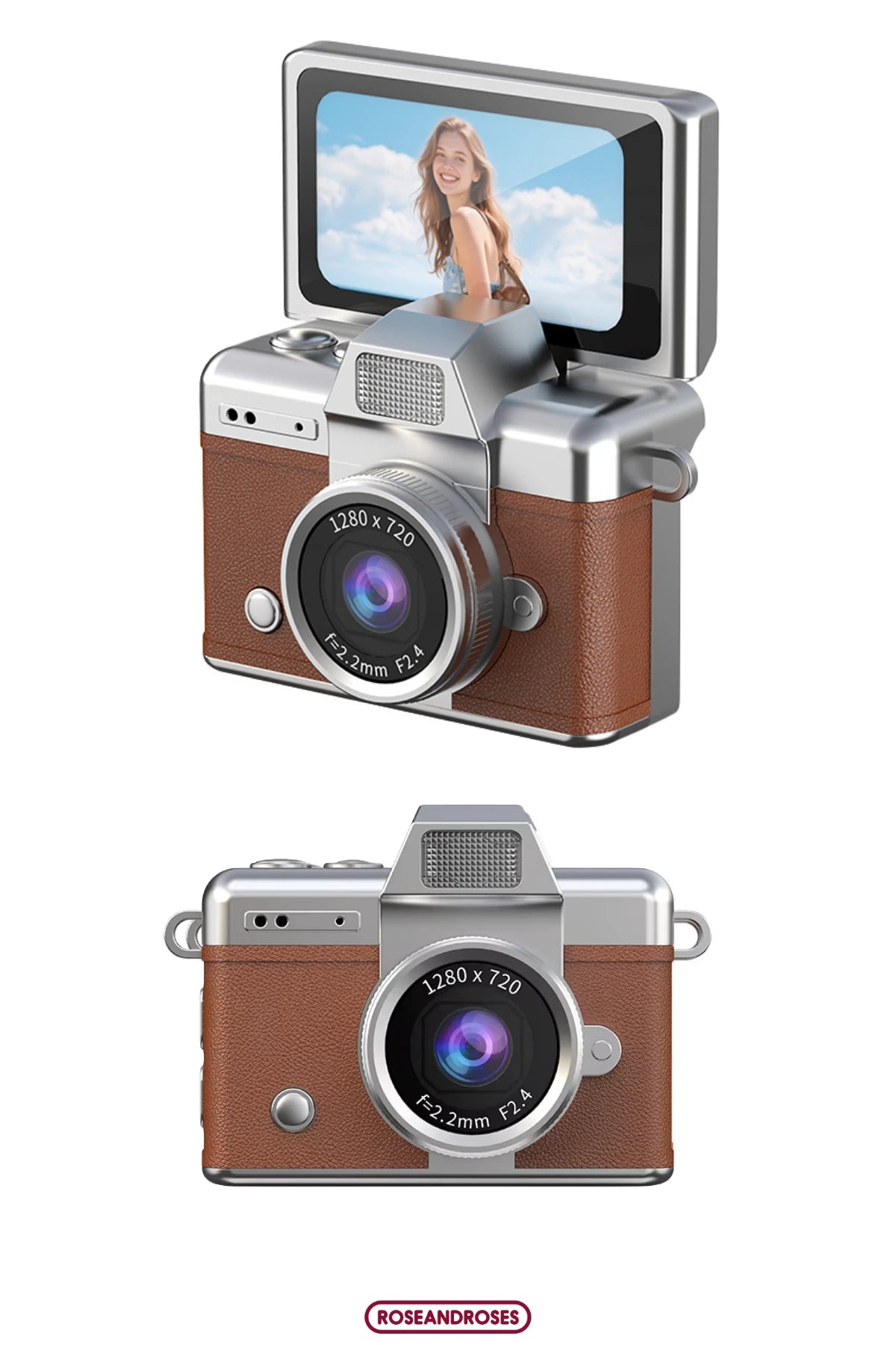 Mini Kamera Dönen Ekran Flaşlı Selfie Video Vlog Kamerası Anahtarlık 1080P+48MP (Kahverengi))
